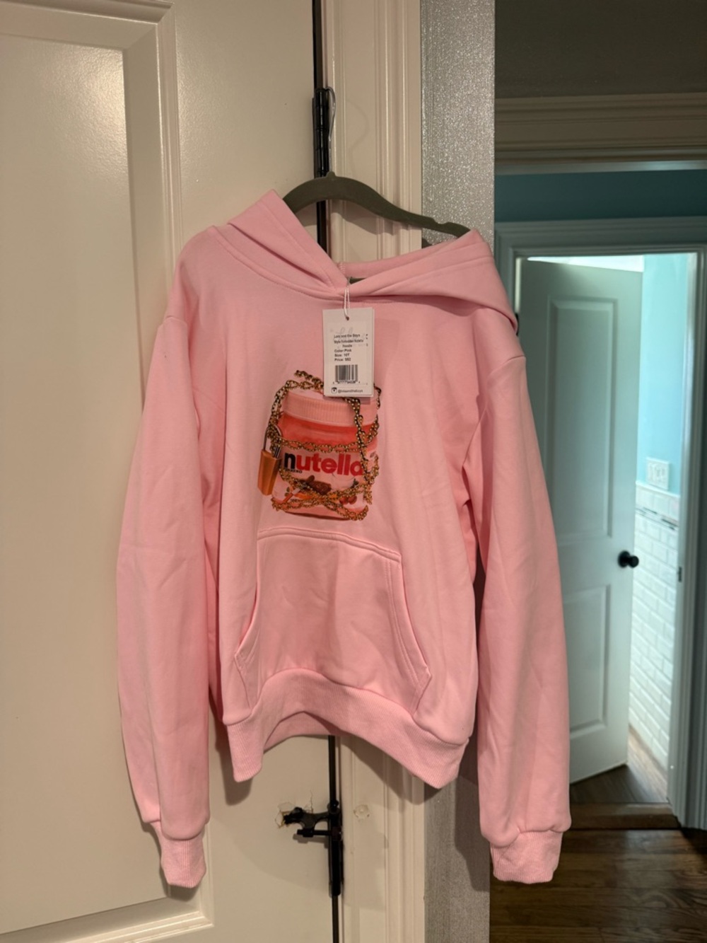 Lola and the boys Pink Nutella Graphic Hoodie with Gold Studded Chain Detail